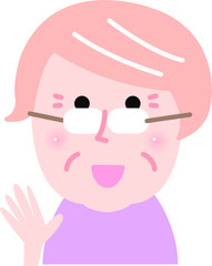 ほわほわタッチ、イラスト、ベクター、カット、かわいい、お年寄り、高齢者、60代、70代、年配、笑顔、上半身、カット、女性、白髪、笑顔、手をふる、老眼鏡、眼鏡、ショートカット、おばあちゃん、祖母