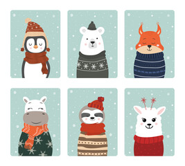 Set of cute winter smiling animals with snowflakes. Cartoon zoo. Vector illustration. Posters for the design of children products in scandinavian style © KeronnArt