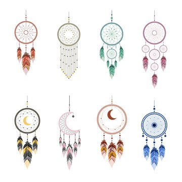Dream catcher with mandala and feathers. Set of hand drawn indian talisman. Ethnic bohemian design element. Vector hipster illustration isolated on white background. Flat boho style.