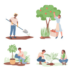 Gardening, agriculture gardener hobby vector flat illustration. Group of happy smiling people working in garden, watering and growing plants, picking apple harvest, digging plants.