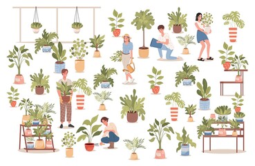 Group of happy smiling people in comfortable clothes in flower shop vector flat illustration. Men and women taking care of plants, watering, planting flowers. Agriculture gardener hobby concept.
