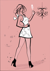 Fashion model posing with wine glass and chandelier against colored background