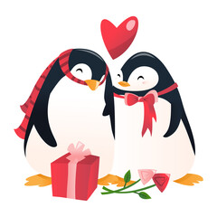 Super Cute Cartoon Penguin Couple In Love.