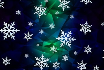 Dark Blue, Green vector background with beautiful snowflakes, stars.