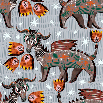 Folk rustic Hygge beautiful flash tattoo style winged dragon breathing out fire seamless pattern.