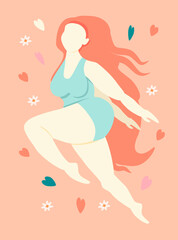 Obraz na płótnie Canvas cute vector hand drawn illustration on the theme of feminism, body positivity, self-acceptance - a happy girl with pink hair runs. flat illustration for websites, applications, magazines