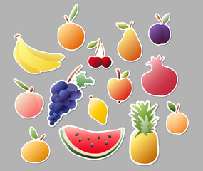 Fruit stickers set in hand-drawn cartoon doodle style with gradient colors, stock vector illustration clip art collection, design element isolated on grey background