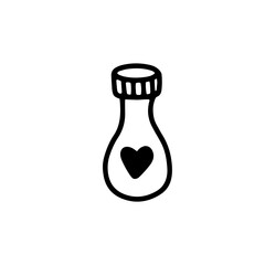 a glass bottle with a magic love potion. A magic potion. The elixir.vector illustration in doodle style. Design for Valentine's Day, Halloween