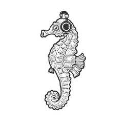 Seahorse with headphones sketch engraving vector illustration. T-shirt apparel print design. Scratch board imitation. Black and white hand drawn image.