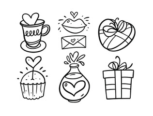 Valentines Day doodle set. Black and white colors vector illustration. Isolated on white background.