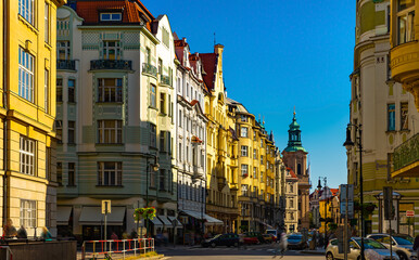 Street view of modern Prague on sunny autumn day, Czech Republic.