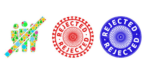 Stop people collage of Christmas symbols, such as stars, fir-trees, colored round items, and REJECTED corroded seals. Vector REJECTED imprints uses guilloche pattern,