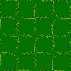 Bright seamless pattern with branches and berries ornament. Green background. Nature print.