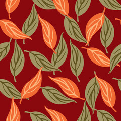 Decorative seamless pattern with green pale and red light colored leaves. Maroon background.