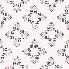 Floral ornament seamless hand drawn pattern. Doodle outline botanical print in blue and ligth tones.