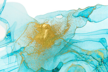 Chaotically splattered blue transparent ink stains on white background. Abstract watercolor texture with gold splashes.