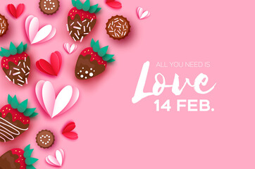 Love Strawberry and Chocolate. Valentines Day Greeting Card. Hearts paper cut style. Sweet dessert, choco candy. Happy Romantic holidays. Space for text. February 14. Pink background.