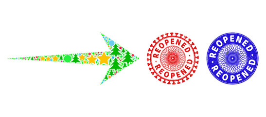 Arrow right collage of New Year symbols, such as stars, fir trees, multicolored circles, and REOPENED unclean stamp imitations. Vector REOPENED seals uses guilloche pattern,