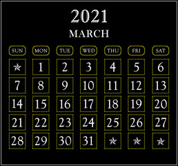 Month March  year 2021 calendar