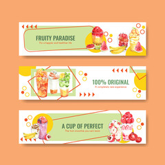 Banner template with fruits smoothies concept design for advertise and marketing watercolor vector illustration