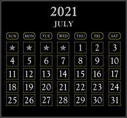 Month  July  year 2021 calendar