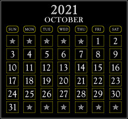 Month October year 2021 calendar