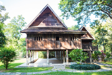 Traditional Thai wooden house in the park, Thai house museum in Northern Thailand, outdoor day light