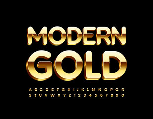 Vector Modern Gold Alphabet set. Luxury 3D Font. Shiny elite Letters and Numbers