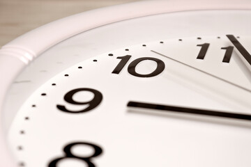 Dial of an analog Watch close up. Time 08:55. White dial, black numerals.