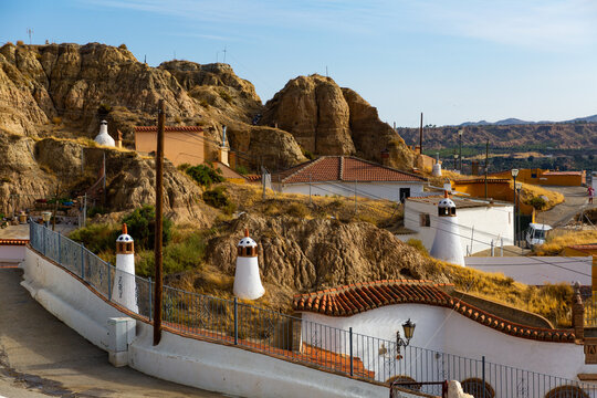 View of spanish city Guadix with famous troglodyte houses carved in tuff rocks