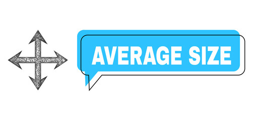 Chat Average Size blue cloud frame and wire frame expand arrows. Frame and colored area are shifted to Average Size phrase, which is located inside blue banner. Vector quote caption inside chat frame.