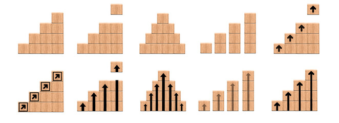 Set of Wooden Block Graphs. Collection of wood Chart isolated on white background, Productivity, Growth, performance business concept 
