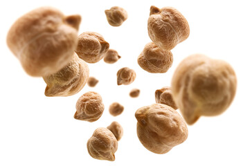 Ripe chickpeas levitate on a white background