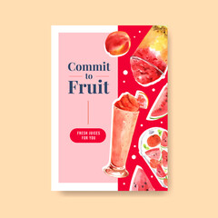 Poster template with fruits smoothies concept design for advertise and commercial watercolor vector illustration