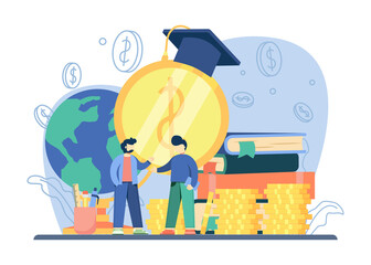 scholarship concept. a man get scholarship. stack of coins, big coin with graduation cap, Education concept, investment in knowledge, student loans,money savings for study. vector illustration