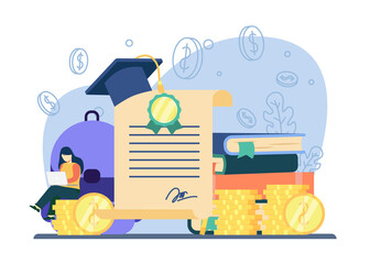 scholarship concept. stack of books and coins, big coin with graduation cap, school bag, Education concept, investment in knowledge, student loans,money savings for study. vector illustration