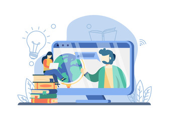 E-learning concept. man teaching on screen with a earth globe, woman watching online class on Stack of books. online education, home schooling, distance education.isolated illustration