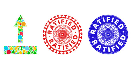 Pull up collage of Christmas symbols, such as stars, fir trees, colored round items, and RATIFIED scratched stamp seals. Vector RATIFIED stamp seals uses guilloche pattern,