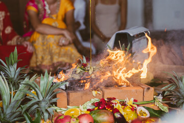 Naklejka na ściany i meble Yajna Ritual. Yajna Ceremony in India. Burning ritual Krishna.