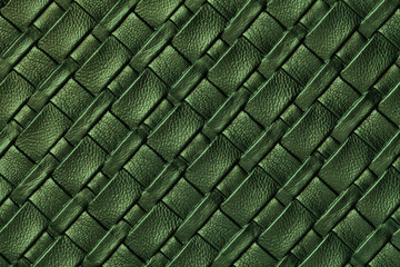 Fototapeta premium Texture of dark green and olive leather background with wicker pattern, macro.
