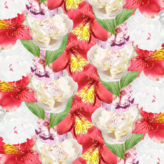Beautiful floral background of peonies and alstroemeria. Isolated