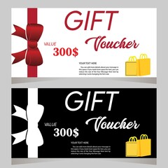 Gift voucher template with red and white bow simple background white and black. vector illustration