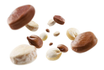 Red and white quinoa levitate on a white background