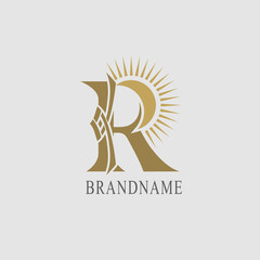 R Letter with Sun. Creative Stylish Logo. Modern Design. Elegant Trendy Template. Abstract Brand Symbol. Emblem with Inscription for Boutique, Jewelry, Restaurant, Business Card. Vector Illustration