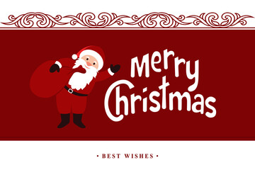 Merry Christmas. Santa Claus Cartoon Character with Bag. Retro Ornament Decoration. Art Elements Useful For Your Holidays Design. Greeting Card, Invitation, Brochure, Flyer Design. Vector Illustration