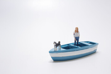 the Rescue boat, rescuer and dog, miniature scene.