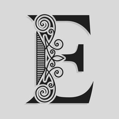 Elegant Capital letter E. Graceful style. Calligraphic Beautiful Logo. Vintage Drawn Emblem for Book Design, Brand Name, Business Card, Restaurant, Boutique, Hotel. Black and White Vector illustration