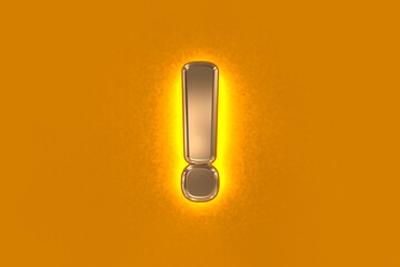 Copper or aged gold metal alphabet with yellow noisy backlight - exclamation point isolated on orange background, 3D illustration of symbols