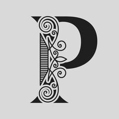 Elegant Capital letter P. Graceful style. Calligraphic Beautiful Logo. Vintage Drawn Emblem for Book Design, Brand Name, Business Card, Restaurant, Boutique, Hotel. Black and White Vector illustration