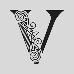 Elegant Capital letter V. Graceful style. Calligraphic Beautiful Logo. Vintage Drawn Emblem for Book Design, Brand Name, Business Card, Restaurant, Boutique, Hotel. Black and White Vector illustration